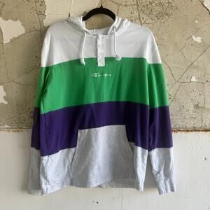 Champion Hoodie Colorblock Stripe Rugby Henley Pullover Pocket Retro Collegiate